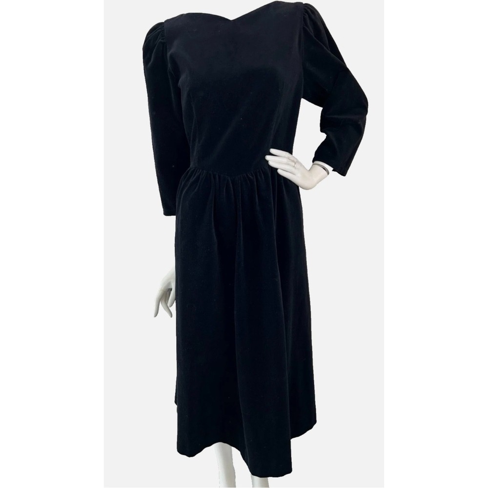 Vintage 80s Lanz Originals Black Cotton Velvet Puff Sleeve Button Back Dress L